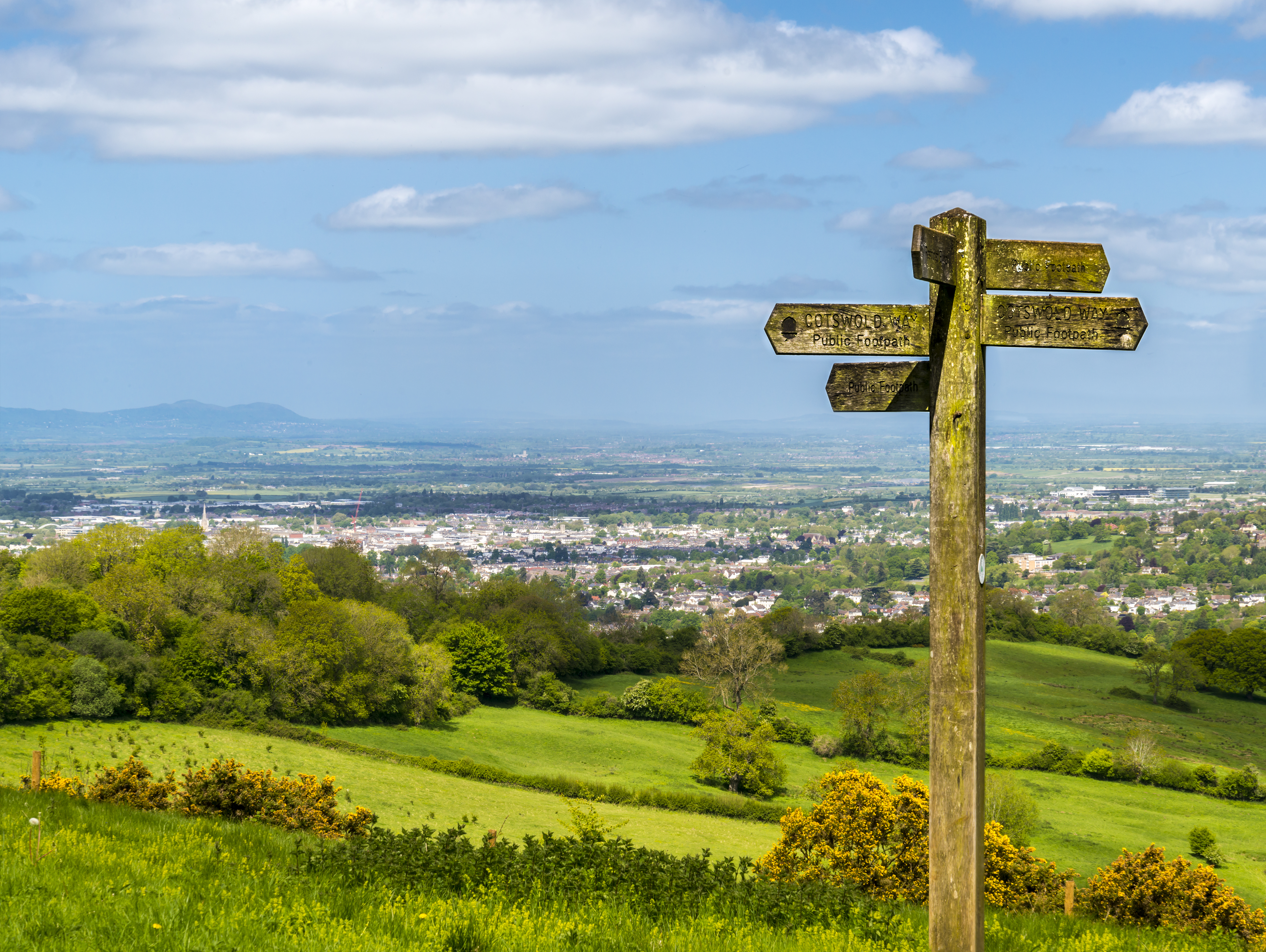 Image of a crossroads sign in the countryside, with a view over green fields